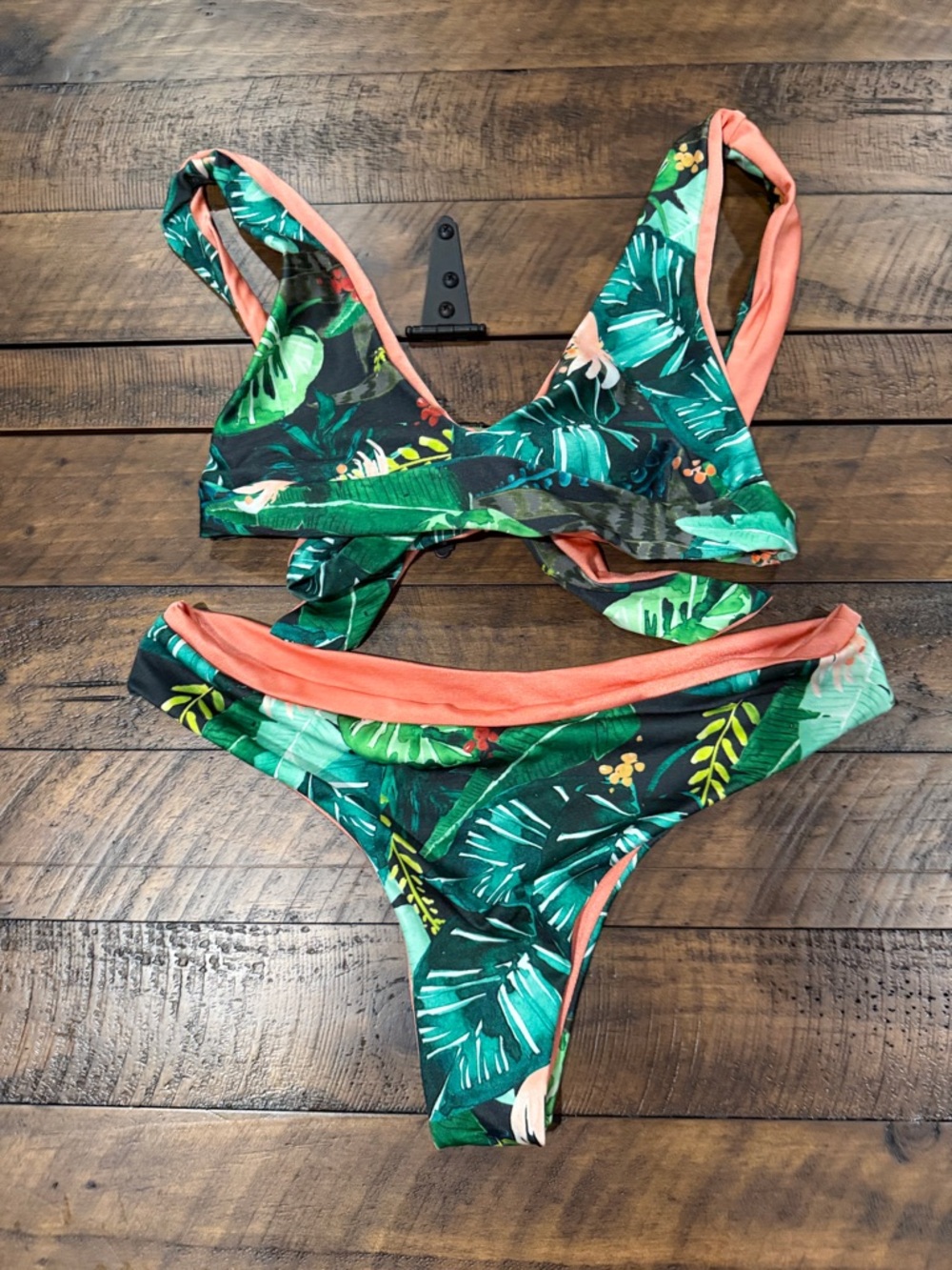LSA Green Tropical Leaf Bikini with Coral Trim